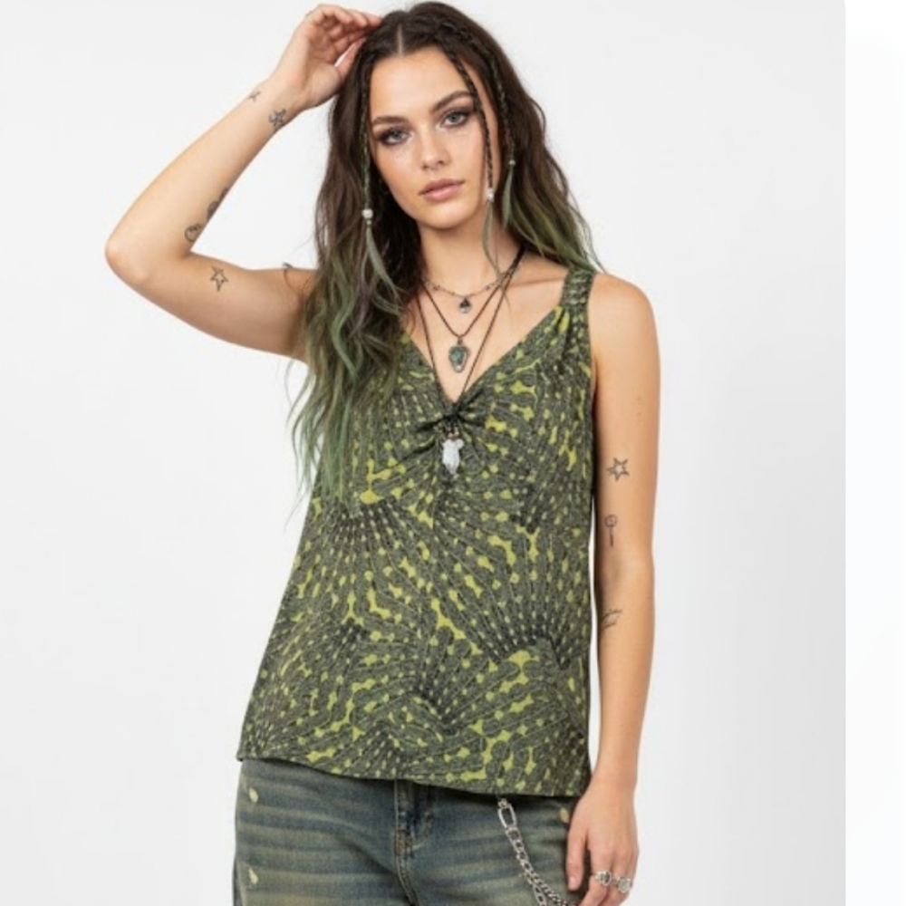 212 Collection Y2K Babydoll Tank Green Abstract Polka Dot Goth Whimsigoth L
